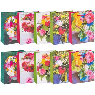 Idena 90073 - Geschenktasche Flowers, 10 Stück, farblich sortiert, Mitbringsel, Geschenktüte, Geburtstag