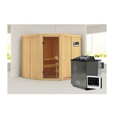 KARIBU Sauna »Vöru«, inkl. 9 kW Bio-Kombi-Saunaofen mit externer Steuerung, für 4 Personen - beige