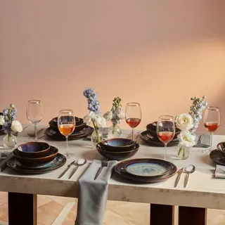 Karaca Leia - Geschirrset 6 Personen Steingut, Teller Set 24 Teilig mit Servierplatte, Müslischalen, Frühstücksteller, Pasta Teller Tief, Essteller, Mikrowellen Steingut Geschirr Set - Blau & Braun