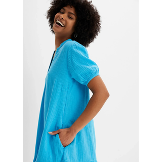 Minikleid BONPRIX, Damen, Gr. 42, N-Gr, türkis, Web, Obermaterial: 100% Baumwolle, unifarben, A-Linie ca. Mitte Oberschenkel, V-Ausschnitt, Puffärmel mit Gummizug, Kleider Minikleid, aus Baumwoll-Musselin, Volant, kurze Puffärmel, bequeme A-Linie, Topseller