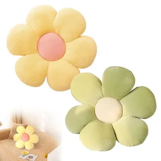 Blume Bodenkissen, 2 Stück Blumenbodenkissen Sitzkissen, 38x38cm Blumenboden Kissen Tatami Blumenförmiges, Weiches Blütenblattkissen, Kissen Blumenform für Schlafzimmer Sofa Couch(Grün und Gelb)