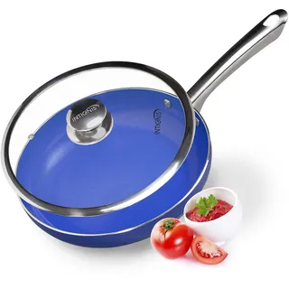 INTIGNIS Bratpfanne mit Deckel, 24cm, Induktion, Ceramic Reinforce chemiefreie Antihaftbeschichtung, ofenfester Glasdeckel (24 cm, Royalblau)
