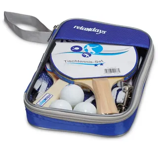 Relaxdays Tischtennis-Set Tasche, 2 Holzkellen, 3 Tischtennisbälle, Ping Pong Netz HxBxT: ca. 14 x 150 x 1,7 cm, blau
