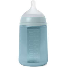 Suavinex, Flasche mit Silikonflasche, 240 ml, mit physiologischem Sauger SX Pro aus Silikon, mit Anti-Colic-Ventil, mittlere Durchflussmenge (M), für Babys + 3 Monate, Colour Essence, Blau