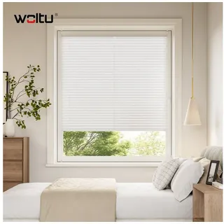 Woltu Plissee ohne Bohren Klemmfix Faltrollo Jalousie Weiß 75x130cm (BxH), Plisseerollo Crushed Optik Sichtschutz und Sonnenschutz Easyfix lichtdurchlässig Rollo für Fenster & Tür