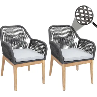 2er-Set Gartenstuhl HWC-H56b, Sessel Outdoor, wetterfest Seilgeflecht Rope Holz Akazie  dunkelgrau Kissen hellgrau - Grau