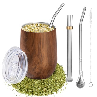 Mate Tasse Modernes Yerba Mate Gourd Set, 12oz Tee Becher Doppelwandiger 18/8 Edelstahl, Hitzebeständig isolier Design, Teetasse mit Deckel, zwei Bombillas und einer Reinigungsbürste (Holzfarbe)