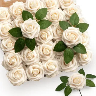 Mocoosy 50 Stück cremefarbene Rosen künstliche Blumen für Dekorationen, künstliche Schaumstoffrosen mit Stiel DIY für Hochzeitssträuße Tafelaufsätze Valentinstag Muttertag Zuhause Party-Dekorationen