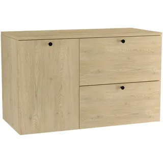 WENA Waschtischunterschrank 100 cm mit Wäschekorb, glatte Fronten, Griffe aus Metall in der Farbe Schwarz (Farbe: Eiche Cremona) - Beige, Bronze