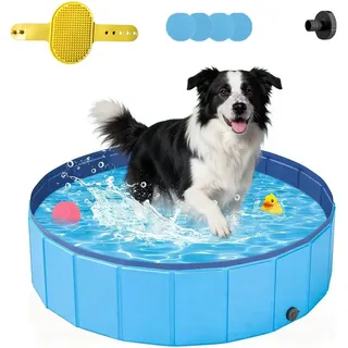 Hundepool 120x30cm, Hundepool Faltbar, Hundeplanschbecken, aus kratzfestem PVC-Material,Anti-Rutsch-Belag & schnelle,Entleerung, Keine Pumpe benötigt, mit Badebürste Ablassventil PVC-Aufnäher x 4