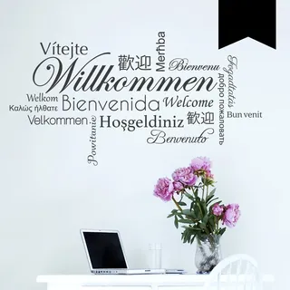 WANDKINGS Wandtattoo - Willkommen in verschiedenen Sprachen - 75 x 41 cm - Schwarz - Wähle aus 5 Größen & 35 Farben