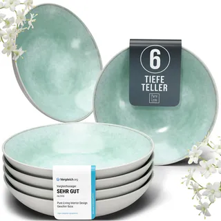 Steingut Suppenteller 6 Personen Ibiza TESTSIEGER, Traumhaftes Mediterranes Steingut Tiefe Teller Set, Pasta Teller Tief Groß - Pure Living in Türkis