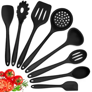 Herogo Silikon Küchenhelfer set, 8-teiliges Schwarz Kochbesteck Kochlöffel | Hitzebeständiger Küchenutensilien Küchenset mit Silikonspatel/Löffel/Wender/Schöpfkelle, Gesund & Antihaft, Spülmaschinenfest