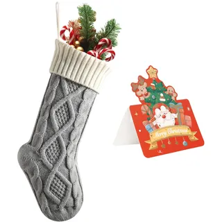 meioro Weihnachtsstrümpfe, 46cm Großes Kabel Gestrickte Weihnachtssocke, Farbe-Kontrast Weihnachten Strumpf Deko für Kamin Family Holiday Party Festival Dekorationen mit Grußkarte (Grau, 1 Pcs)