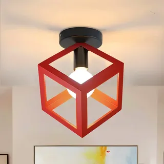 iDEGU Retro Deckenleuchte im Geometrischen Design Moderne Deckenlampe mit Würfel Lampenschirm Vintage Lampe E27 Deckenleuchte für Schlafzimmer Wohnzimmer Flur Küche Café Restaurant, 16 cm, Rot