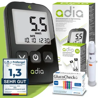 adia Blutzuckerteststreifen (60 Stück) mit Messgerät (mmol/L) und 110 Lanzetten als Komplett-Set Set 1 St