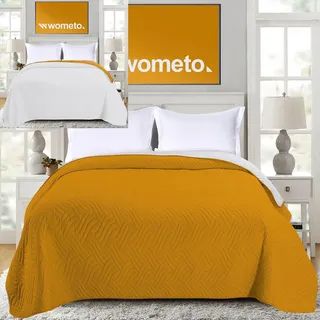 wometo Tagesdecke 170x210 Oeko-TEX Microfaser gelb grau im Wende-Design | Bettüberwurf XL wattiert gesteppt für franz. Bett Sofa Couch Einzelbett