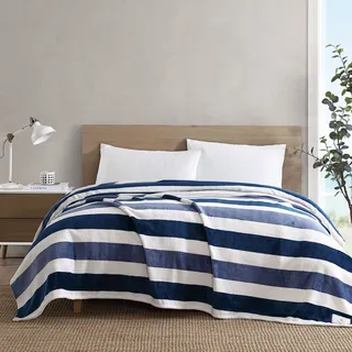 Nautica - Queen-Size-Decke, ultraweiche und gemütliche Plüsch-Heimdekoration, Ganzjahres-Bettwäsche (Markise Streifen Marineblau, Queen)