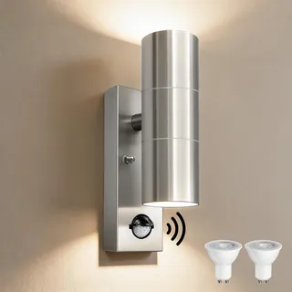 YOVGQOLV PIR Außenlampe mit Bewegungsmelder Up and Down 230V GU10 | Edelstahl Wandlampe Aussen mit 2×5W GU10 Glühbirne(3000 K),IP54 Wasserdichte LED Aussenleuchten Hauswand,1Stück-Silber