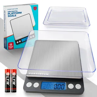 PORTENTUM Küchenwaage Digitale Profi (Hochpräzise 0.01g-500g)- Feinwaage mit LCD Display und 2 Batterien, Briefwaage Abstellautomatik und Tara, Kitchen Scale Klein mit 6 Maßeinheit