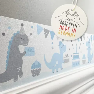 lovely label Bordüre selbstklebend DINO PARTY BLAU GRAU - Wandbordüre Kinderzimmer Babyzimmer mit Dinosaurier - Wandtattoo Schlafzimmer Junge – Wanddeko Baby Kinder