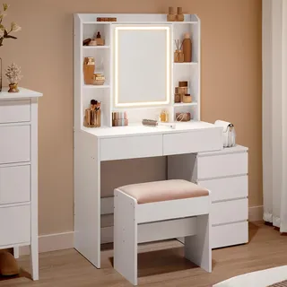 VASAGLE Schminktisch mit Beleuchtung, mit Hocker, Frisiertisch mit Spiegel | Kosmetiktisch mit Schubladen, verstellbaren Ablagen, 98,3 x 40 x 145 cm, wolkenweiß, KAILYN Kollektion RDT125W01