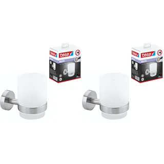 tesa Moon Zahnputzbecher mit Halterung - Becher aus satiniertem Glas, verchromte Wandhalterung - zur Wandbefestigung ohne Bohren, inkl. Klebelösung - 67mm x 95mm x 107mm (Packung mit 2)