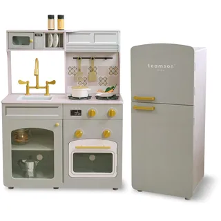 Teamson Kids Little Chef Normandy Modulare Holz-Kinderküche mit separatem Kühlschrank, Spüle, Klickknöpfen und 14 Zubehörteilen