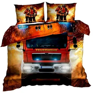 3D Baumwollsatin Bettwäsche 200x220cm FEUERWEHRAUTO. FEUERWEHR ROT - Rot