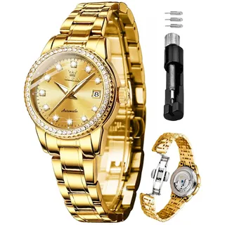 OLEVS Gold Diamant Frauen Uhr Automatische Mechanische Luxus Kleid Klassische Edelstahl Armband Damen Uhr