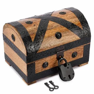 Ajuny Piraten Schatztruhe Holz Schmuck Aufbewahrungsbox 22,9x15,2 cm | Dekorative Schatzkiste für Andenken, Schmuckstücke, Ringe, Ketten und Uhren, mit Kreuz- und Muschelstreifen Design