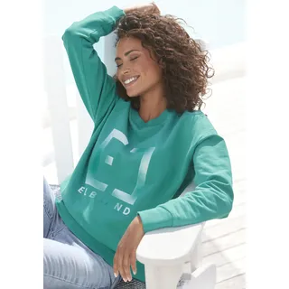Sweatshirt ELBSAND "Fionni", Damen, Gr. M (38), grün, Sweatware, Obermaterial: 95% Baumwolle, 5% Elasthan, unifarben, figurumspielend hüftlang, Rundhals, Rippbündchen, Sweatshirts Sweatshirt, mit großem Logoprint, sportlich-casual