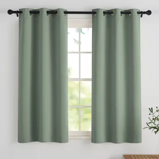 PONY DANCE Bistrogardine 2er Set Verdunklungsvorhänge Kurz Scheibengardinen Blickdicht Kurzgardinen H 120 x B 90 cm Salbeigrüne Vorhänge Verdunkelnd Küche Gardinen mit Ösen