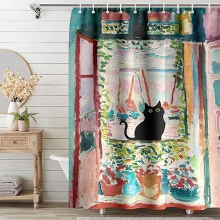 Fchen art Lustiger Duschvorhang-Set mit schwarzer Katze, Motiv: schwarze Katze am Fenster, Duschvorhang-Sets für Badezimmer, Bauernhaus, Western-Dekorativer Duschvorhang für Damen und Kinder,