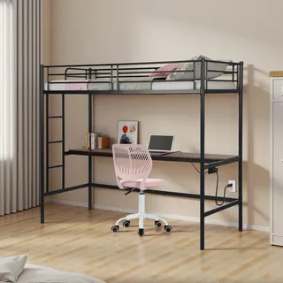 FurnitureR Hochbett 90x200 cm für Teenager mit Schreibtisch, Steckdose & USB, Treppe & Absturzsicherung – Metallbett Schwarz mit Lattenrost – Ohne Matratze