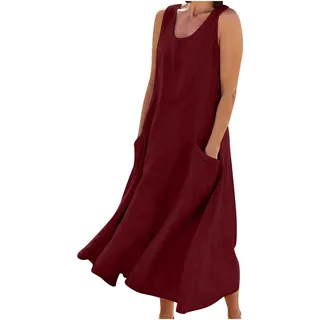 Ärmellos Baumwoll Leinen Tankkleid Damen Vintage Einfarbig Sommerkleid Gestreifte Strandkleid Lose Rundhals Maxikleid A-Linie Kleider Große Größen Langes Kleid Partykleid Freizeitkleid mit Taschen