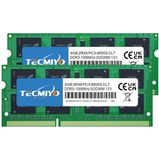 TECMIYO 8GB DDR3 RAM(2x4GB) PC3-8500 DDR3 1066MHz Laptop Sodimm-Speicher CL7 204 Pin 1,5V Nicht-ECC ungepufferte Laptop-RAM-Module
