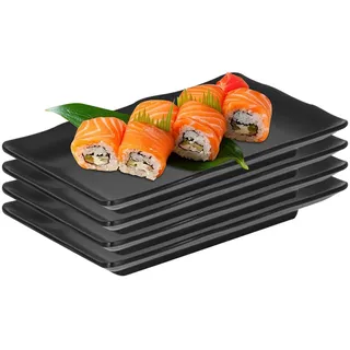 LUPATDY 4er Schwarze Teller Set,Matt Teller Rechteckig 20.8 x13.2 x 2.2 cm,Melamingeschirr,Geschirrsets aus Kunststoff,Geschirrset für Fleisch, Sushi, Snacks, Salate,Spülmaschinengeeignet