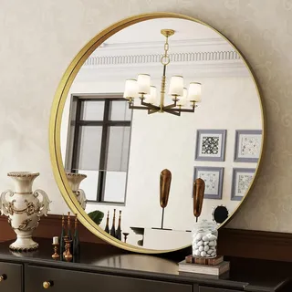 Koonmi Luxuriöse Spiegel Rund 81 cm, Gold Tiefer Rahmen Runder Badspiegel, Wandspiegel Rund mit Schwarz gebürstetes Metall Rahmen für Badezimmer, Wohnzimmer, Eingang Wanddekoration