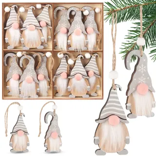 BRUBAKER 12x Weihnachtsanhänger Wichtel - 8 cm Baumschmuck aus Holz - Zwerge mit Bart und großer Nase - Holzanhänger Weihnachtsbaumschmuck - Christbaumschmuck Anhänger Weihnachten - Grau Weiß