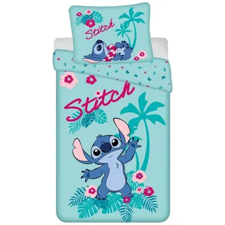 Disney Store Bettwäsche-Set Lillo und Stitch Hawaii, Baumwolle, türkisblau mit tropischem Muster, 140 x 200 cm, Einzelbett, mit Kissenbezug 70 x 90 cm, Reißverschluss
