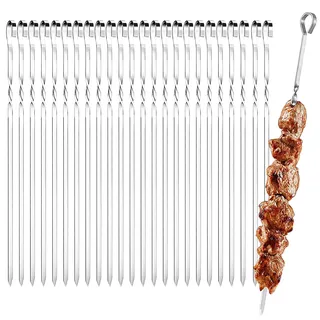 Srvauyea 25 Stück Grill Spieße, 30cm Grillspieße Edelstahl, Wiederverwendbare Schaschlikspieße, Kebab Spieße Edelstahl für BBQ Fleisch Gemüse, Robuste Fleischspieße für Lagerfeuer Oder Grillschale