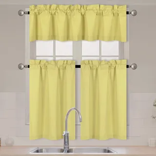 Fancy Collection Verdunkelungsvorhänge-Set aus Kunstseide mit Stufen, Vorhänge und Volant, solide, gelbe Fenstergarnitur, Thermo-Rückseite, 3-teilig