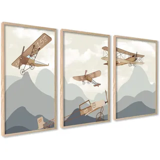 3er Set Poster 50x70cm Wanddeko Wohnzimmer Ideal als Geschenk Schlafzimmer | Kinder MIT HOLZ RAHMEN Flugzeug auf den Bergen für Kinder Babyzimmer Kinderzimmer Wanddeko, Modernes Design, Einfache Montage