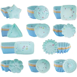 TOKSEO 55 Stück Silikon Muffinförmchen, 11 Typen Formen Silikon Backform, Antihaft Muffinform, Wiederverwendbare Mini Gugelhupfform für Pudding, Torten(5 Farben)