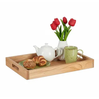 Relaxdays Serviertablett, Holz & MDF, HxBxT: 5 x 55 x 35 cm, Essenstablett mit Griffen, hoher Rand, rechteckig, natur