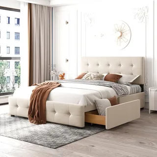 Merax Polsterbett 140x200cm mit höhenverstellbarem Kopfteil und 4 Schubladen, Funktionsbett Doppelbett mit Lattenrost und Samtbezug in Beige - Beige