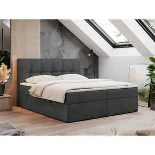 Boxspringbett 200x200 mit Bettkasten, Bett mit Multipocket - Matratze H3 Topper, Polsterbett 200x200 mit Bettkasten Kopfteil, Boxspringbett mit Matratze H3 - RICO - 200x200 - Dunkelgrau - Struktur - H3 - Grau