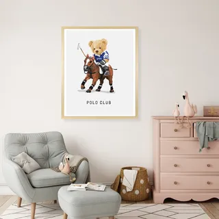 Queence Bild mit Rahmen »Polo Club Teddy Bär auf Pferd« Bär Bären Fashion Figuren Mode Modebilder Pferde Pferdebilder Reitbilder Schriftzug HD Premium Poster-Druck inkl. Echtholzrahmen in beige,