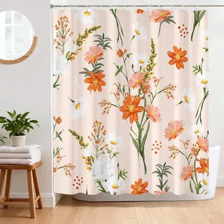 BREASOME Duschvorhang 180x180 cm Anti-Schimmel Duschvorhang Orange Blumen Stoff Polyester Wasserdicht Badewanne Vorhang mit Ösen und 12 Haken